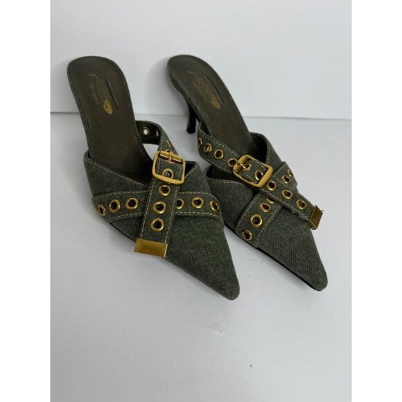 NEW Jeffrey Campbell X Free People Nimes Denim Buckle Heels Mules Green Size 7 - Picture 3 of 6